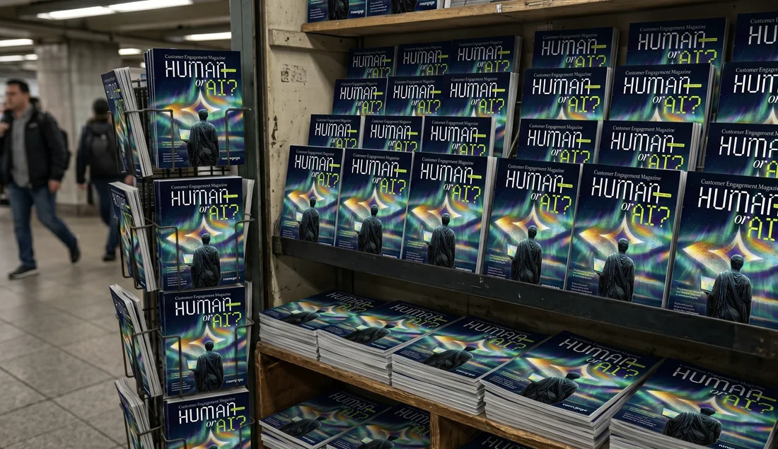 Human or AI? magazine on a newsstand
